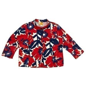 Ruby Rd Patriotic Floral Cotton Blazer Jacket Women Sz 16 Red Blue Beach Summer